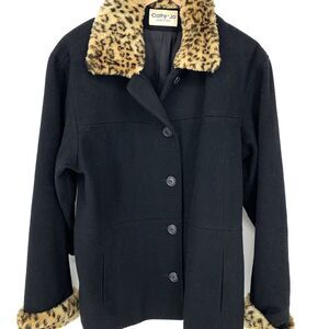 Vintage Cathy Jo Black Wool Coat Faux Fur Leopard Collar Size L
